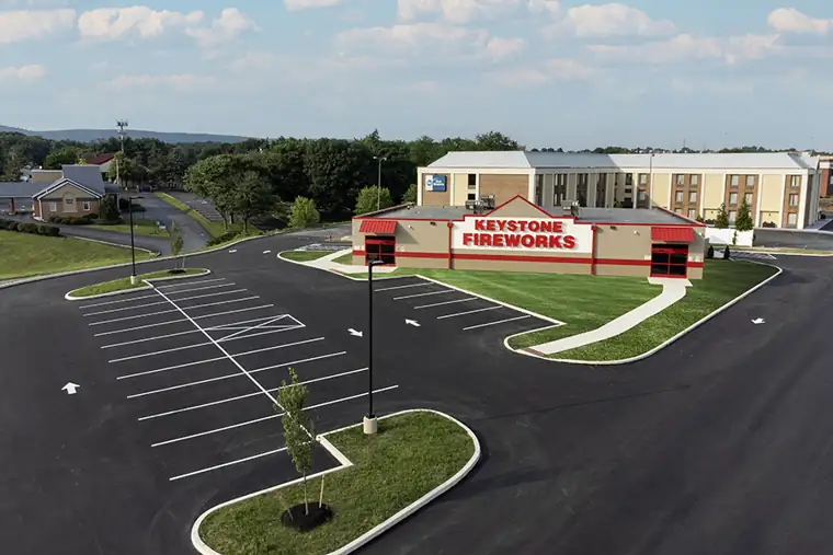 Wide view of the Keystone Harrisburg building and its parking lot