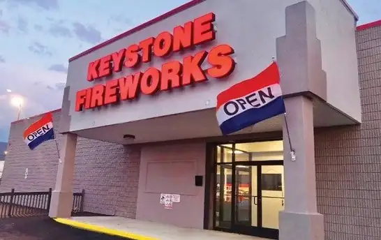Keystone Wilkes-Barre entrance with red lettering and flags